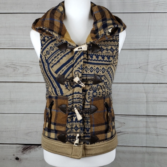 Da Nang• xs knit wool blend vest toggle closure hood plaid tribal - Picture 4 of 11